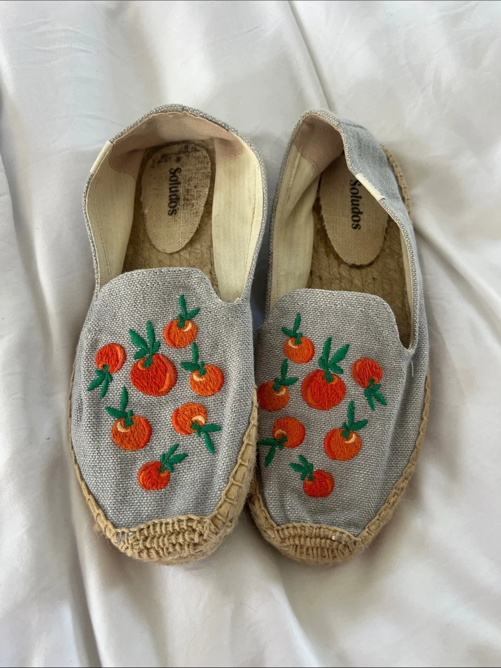 Soludos Women's Blue Denim Espadrilles with Orange Embroidery